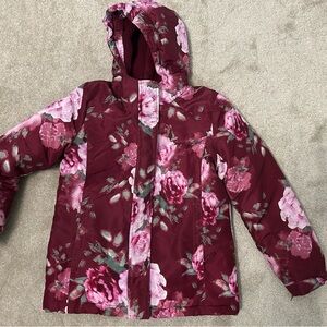 Girls Floral Winter Jacket - Burgundy and Pink